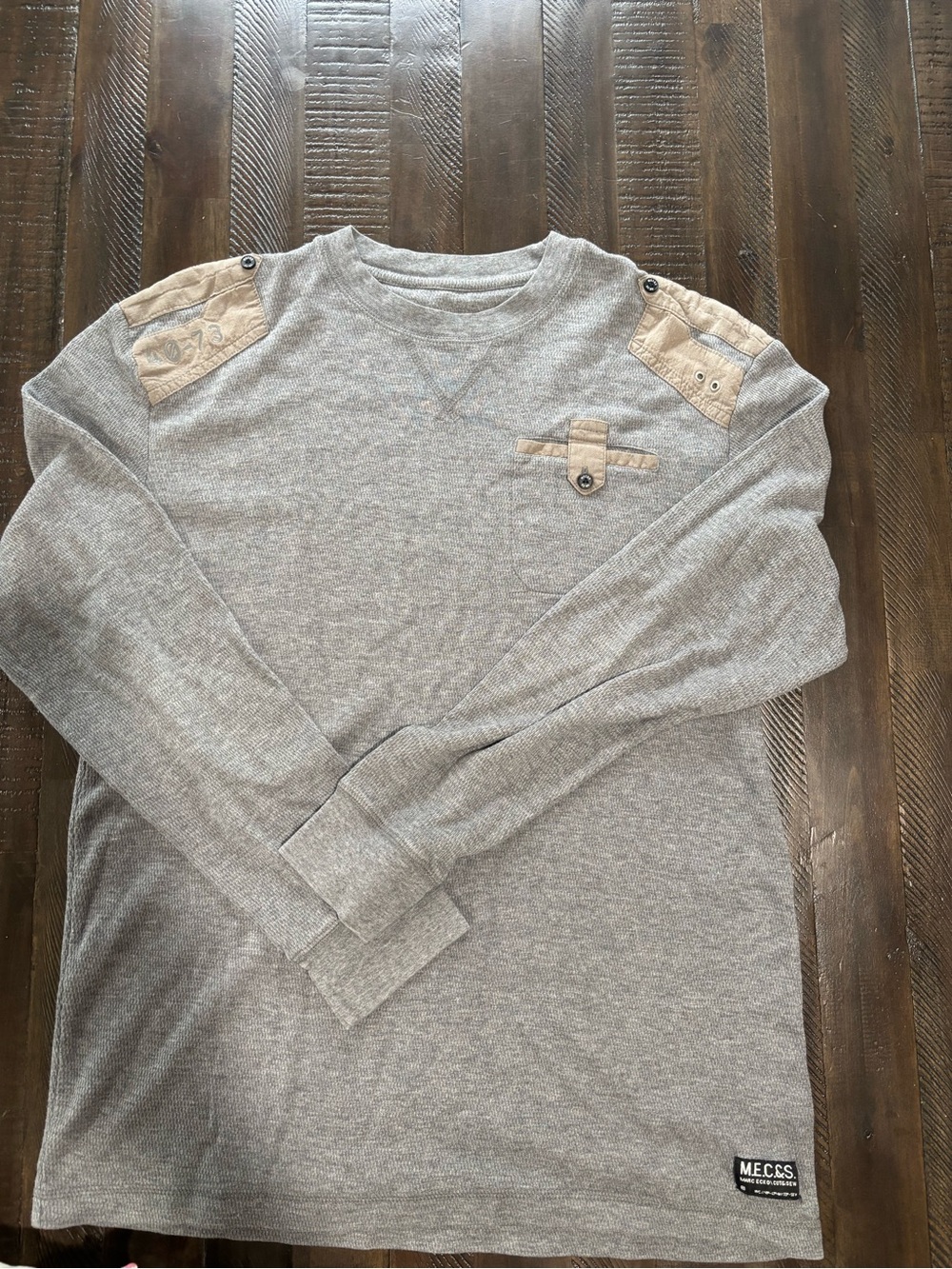 Marc Ecko Gray Long-Sleeve Crewneck with Tan Shoulder Accents